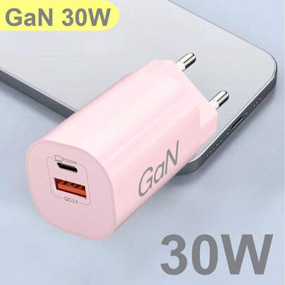 30W USB-C Charger, GaN Dual Port Fast Charging Type-C Power Adapter Plug, Compatible With IPhone, Galaxy, Tablets, Earphones - Pink