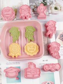 Set de 8 cortadores de galletas de graduación, incluye medalla, trofeo, insignia, certificado, birrete de graduación y formas de personajes de dibujos animados, moldes para galletas estilo prensa DIY, regalo de graduación, herramienta de cocina para hornear, adecuado para eventos escolares y fiestas temáticas - Multicolor - Ver 4