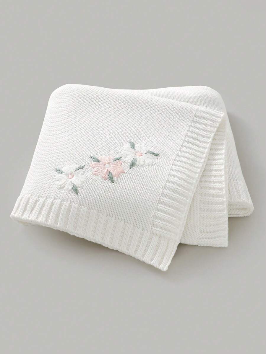 1pc 3D Floral Embroidery Baby Knit Blanket, 100% Cotton Infant Swaddle Wrap, All Season Stroller Quilt - White - View 1