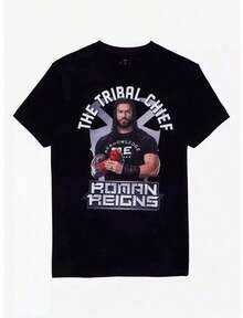 Printed Round Neck Short Sleeve  Chief Black-Shirt,  Wrestling Signature Print Top, Wrestling Fans,1 Piece,Unisex-Shirt,Family Matching Outfits,Loose Fit Design, Good Outdoor, Great Choice Anyone - 黑色 - 查看 1