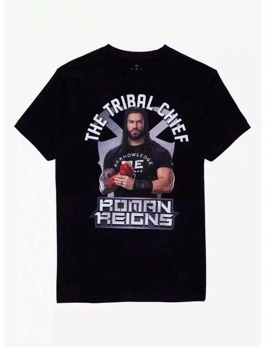 Printed Round Neck Short Sleeve Chief Black-Shirt, Wrestling Signature Print Top, Wrestling Fans,1 Piece,Unisex-Shirt,Family Matching Outfits,Loose Fit Design, Good Outdoor, Great Choice Anyone - 黑色 - 查看 1