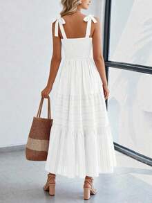 Women's Boho A-Line Maxi Dress, Summer Sleeveless Tie Shoulder Smocked High Waist Long Sundress With Pockets, Casual Dress For Beach Vacation & Holiday Outings - 粉色 - 查看 8