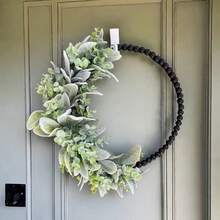 Rustic Floral Wreath, Eucalyptus Leaves And Wooden Beads Surrounding, Wooden Plaque Accent, Suitable For Front Door, Window Sill, Porch, Indoor And Outdoor Decor, Thanksgiving, Christmas, Harvest Season Home Decor, Holiday Party Decoration - Multicolor - View 8