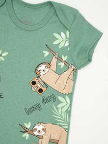 Summer Romper Jumpsuit With Short Sleeves In Suedine Fabric, Sloth Print, And Button Closure - Màu xanh Ô liu - Xem 3