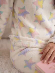 Women's Long Fleece Pajamas, Furry Teddy Style, Warm Winter, Star Off - 白色 - 查看 4