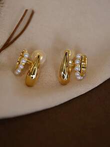 1对时尚新款仿珍珠半圆水滴铜质耳环，夹式耳环，优雅气质，适合日常佩戴 - 耳夾 - 查看 6