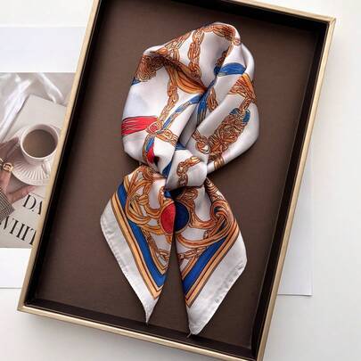 1 chiếc khăn lụa vuông, băng đô in họa tiết dây chuyền satin dành cho nữ, khăn trùm đầu, khăn quàng cổ thời trang cho nữ, khăn choàng, khăn choàng cổ.