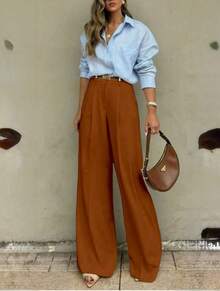Straight-Leg, Wide-Legged Suit Trousers. Floor-Length. - Brown - View 2