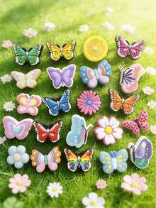 22 PCS Butterfly Series Butterfly Design, Featuring Small Insect Ornaments, With Vibrant And Attractive Colors. Perfect For Decorating Sandals And Garden Shoes. Ideal Choice For Gifts For Parties And Events. PVC Shoe Accessories Are Suitable For Christmas/Halloween/Samhain/Birthday Gift Party Gifts. - Multicolor - View 2
