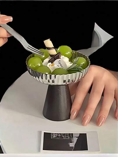 1pc Ins Style 304 Stainless Steel & Black Wooden Tall Dessert/Ice Cream Cup, Suitable For Cafes, Dessert Shops, Restaurants, Home, Festivals And Gatherings