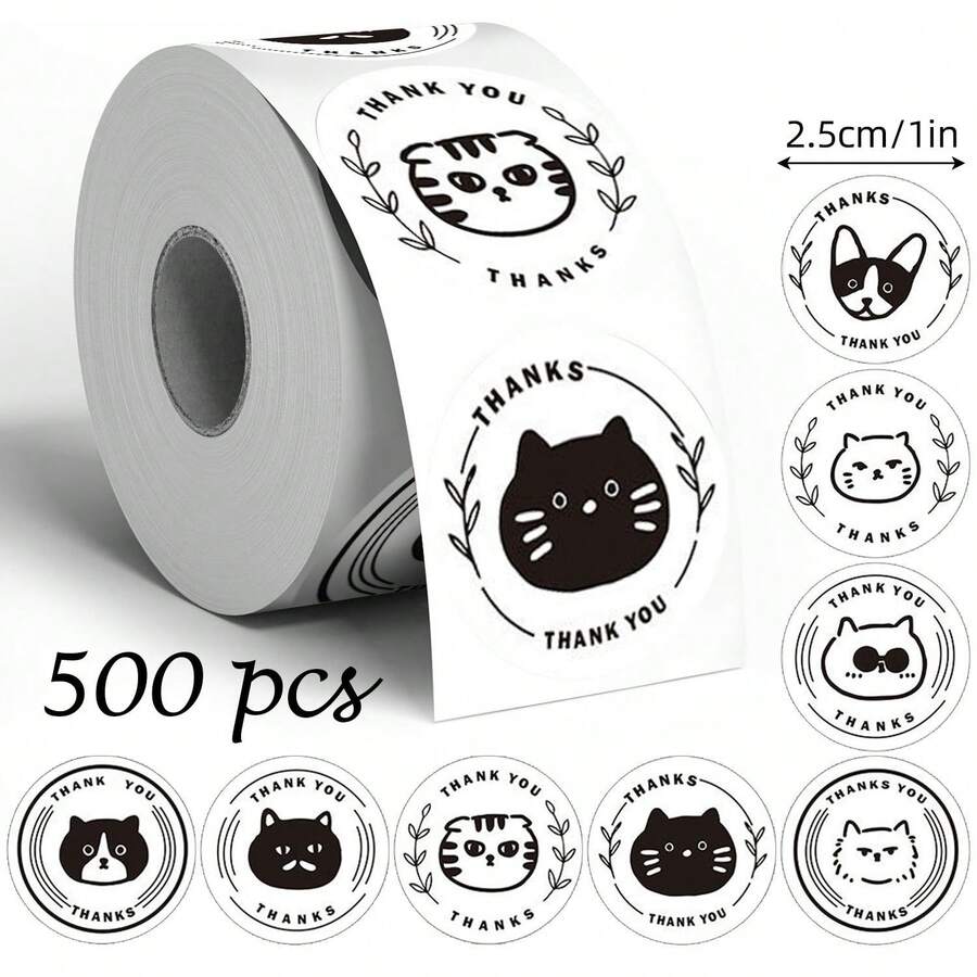 500张/卷 黑猫感谢贴纸,可爱黑猫头感谢标签,适用于咖啡馆、面包店、餐厅、甜品店、产品包装、饮料、手工糕点、烘焙封口贴纸、甜点包装标签、赠品贴纸、礼品包装封口装饰贴纸、圆形装饰贴纸、毕业装饰、伴娘礼物、婚礼贴纸 - 感謝 - 查看 1