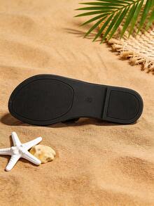 1 Pair Women's Open Toe Flat Sandals, Hollow Design, Casual & Lightweight, Black, Summer - Black - View 8