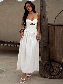 性感、纯真、迷人，度假女孩镂空腰部无肩带泡泡袖连衣裙，沙滩度假春夏长裙婚礼派对白色优雅 - 白色 - 查看 8