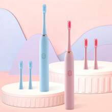 Electric Toothbrush Oral Care Set, Includes 5 Replacement Brush Heads, Vibration, Soft Bristles, One-Button Start, Suitable For Gifting To Family And Partners, Convenient For Travel - Blue - View 3