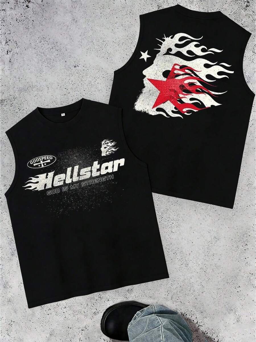 Men's Printed Vintage Washed Vest, Loose Fit, Casual Street Style, An Essential Everyday Item - 黑色 - 查看 1