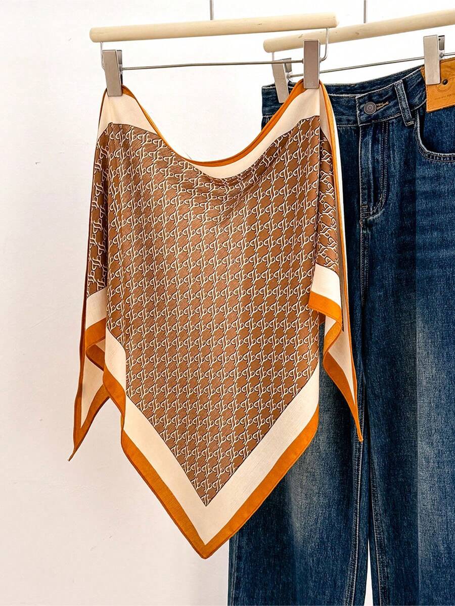 1pc Minimalist Brown Monogram Triangular Scarf, Multifunctional Women's Faux Linen Feel Scarf Shawl, Suitable For Travel, Vacation, Casual, Commuting, Collar Decoration, Fashion Handbag Decoration, Beach, Holiday - Multicolor - View 1
