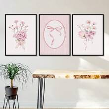3 peças Impressão em Tela de Arte de Parede Floral com Laço Rosa Fofo sem Moldura, Decoração Minimalista e Estética para Quarto de Meninas, Quarto Infantil, Sala de Jogos, Quarto, Casa Moderna - Multicolorido - Visão 6