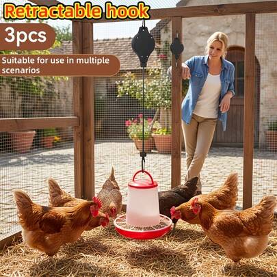 Set de 3 hrănitoare telescopice reglabile pentru pui | Include un suport cu scripete și cârlige pentru plante, accesoriu pentru coteț, neelectrice, nu necesită baterii