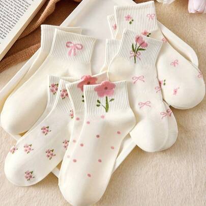 5 Pairs 'S Floral & Butterfly Print Ankle Socks | White & Pink Ribbed Elastic Cuff, Breathable, Spring Summer Casual, Machine Washable, Comfortable Footwear, Feminine Design