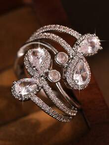 1pc Elegant Water Drop&Round Sparkle Openable Rings Fashion Cubic Zirconia Bohemian Women Ring For Bride Engagement Birthday Holiday, Travel For Mother's Day Copper Jewelry - Water Droplets - View 3