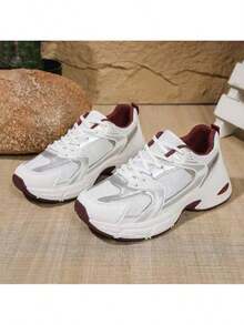 American Retro Contrast Color Running Shoes, Mesh Breathable, Thick Bottom Cushioning, Campus, Street, Daily Wear Template, Running Shoes To Grasp The Relaxation Feeling, 5cm High Casual Shoes - 紅白 - 查看 3