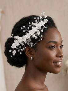 1件手工制作优雅白色软陶瓷花朵、珍珠和水晶发梳，新娘婚礼发饰 - 銀色 - 查看 11