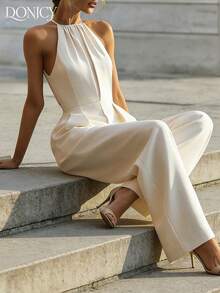 DONICY Elegant Cream Jumpsuit, Women's Chic Wide Leg Jumpsuit With Collared Neck & Smocked Waist, Sexy Backless Vacation Romper - Apricot - View 6