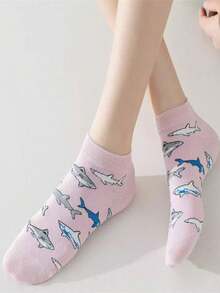 5 pares de calcetines con diseño de tiburón, calcetines de tobillo estilo coreano lindos, calcetines casuales para parejas - Multicolor - Ver 5
