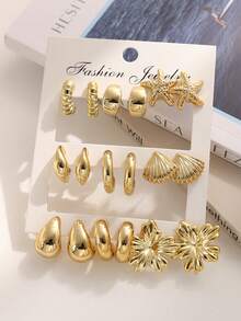 2-18pcs Fashionable Starfish, Flower & Geometric Metallic Gold Tone Earring Set, Elegant Earring Jewelry Set For Women, Suitable For Daily Wear - Gold - View 2