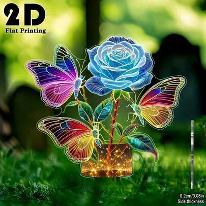 2D Flat, 1pc Butterfly Rose Garden Decor Ground Stake, Colorful Butterfly & Rose Garden Stake - Outdoor Holiday Yard Decor, Suitable For Lawn & Flower Bed Decoration, Christmas Decor, Christmas Decoration Accessories, New Year Ornament