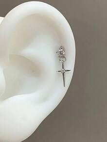 1 Exquisite, Elegant, Simple Micro-Paved Cross Pendant Stainless Steel Cartilage Piercing Earring - Silver - View 2