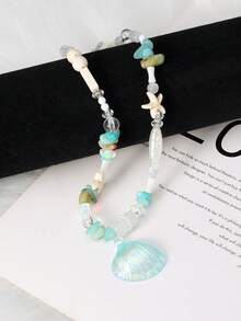 1件夏季沙滩多巴胺海星贝壳吊坠项链，时尚锁骨链配饰 - 彩色 - 查看 3