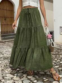 EARO Women's Long Layered Skirt, Drawstring Waist, Casual Fabric, Non-Stretch, Suitable For Daily Wear Spring - Green - View 5