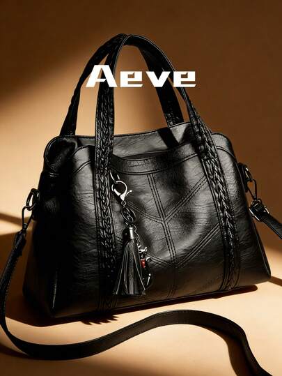 New PU Leather Women's Handbag, Retro Style, Tassel Decor, Fashion Zipper Shoulder Bag With Detachable Strap, Suitable For Work And Travel