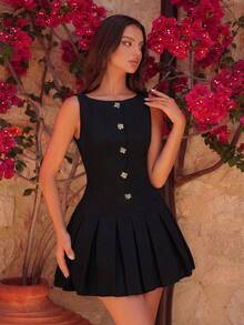 Elegant Boat Neck Button High Waist Pleated Mini Skirt, Suitable For Parties, Birthdays, Galas, Family Gatherings, Wedding Guests, Cocktail Events - Black - View 7