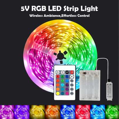 1 Dải đèn LED, 5V RGB phiên bản hộp pin (không bao gồm pin AA), kèm điều khiển từ xa hồng ngoại 24 phím. Có thể điều chỉnh độ sáng, đổi màu. Thích hợp trang trí phòng, tiệc tùng, Halloween, Giáng sinh và chiếu sáng trang trí nhà cửa.