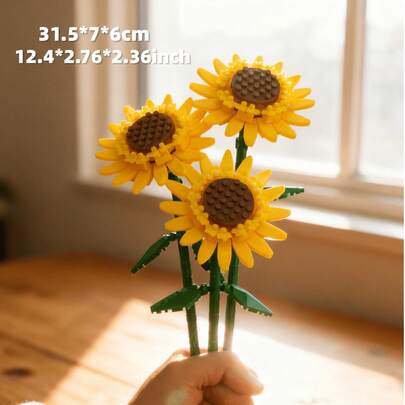 DIY Building Block Flower Bouquet Set, Sunflower & Gerbera Daisy Shaped, Puzzle Toy For Boys & Girls, Home Decor & Desktop Ornament, Ideal Birthday, Thanksgiving, Valentine's Day, Christmas, New Year Gift