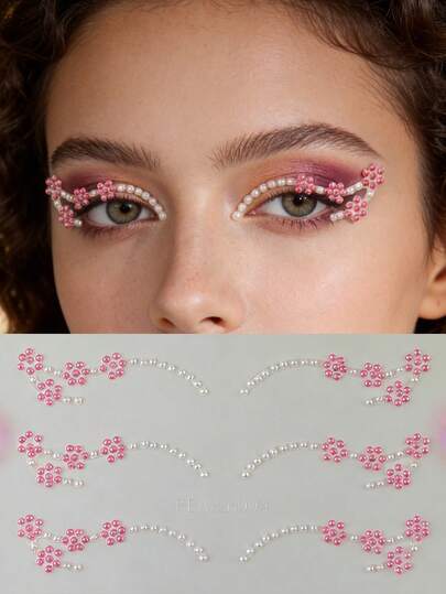 1 pieza Pegatinas de maquillaje de ojos con flor rosa dulce y perla - Patrón floral delicado con decoración de perla plateada, pegatinas faciales autoadhesivas impermeables para vacaciones, picnics, verano, adecuadas para primavera/verano y festivales de música