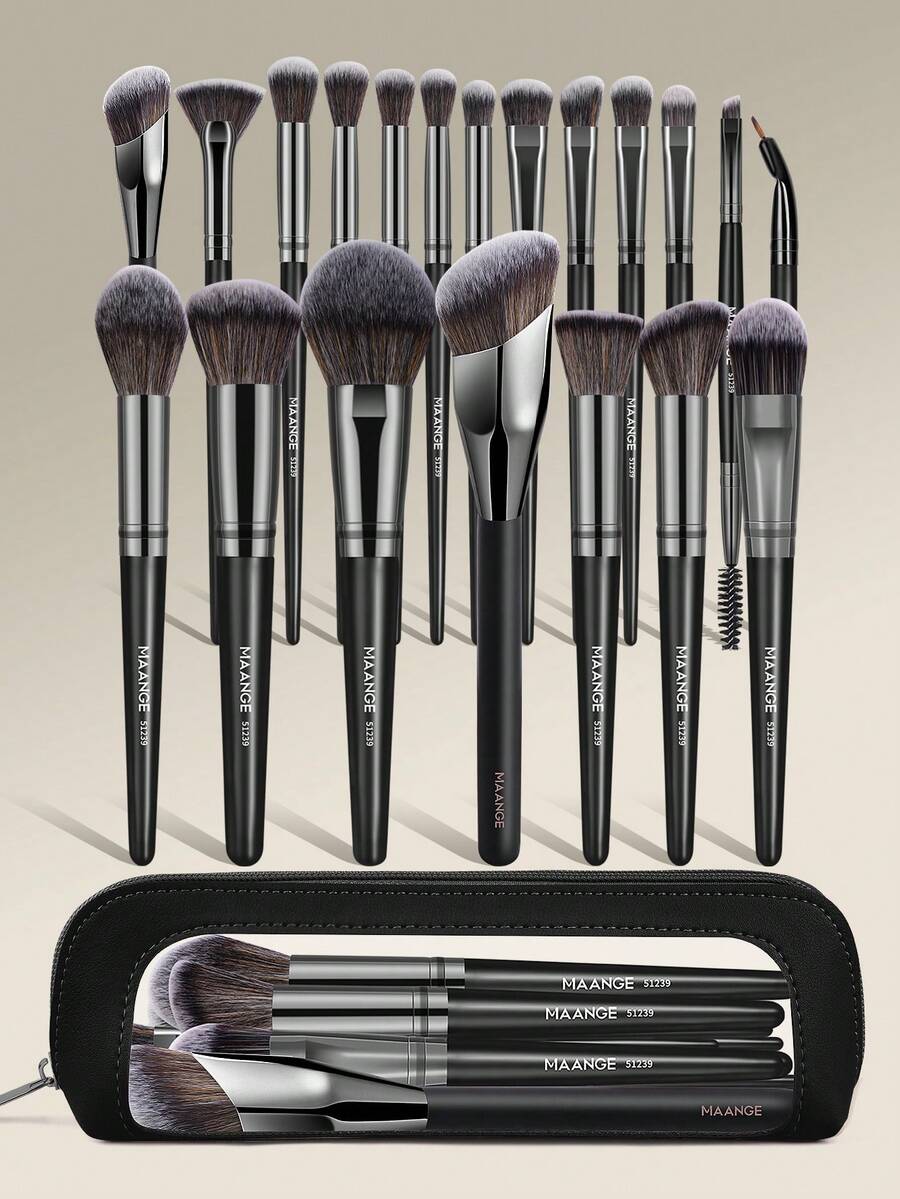 MAANGE 21pcs Makeup Tool Set Including A 20pcs Professional Makeup Brush Set + Cosmetic Bag: Foundation Brush, Blush Brush, Powder Brush, Concealer Brush, Contour Brush, Eyeshadow Brush, Blending Brush, Eyeliner Brush, Eyebrow Brush, Mascara Brush Beauty Brush Kit Gift For Women & Girl Travel Makeup Brush Set - Black - View 1