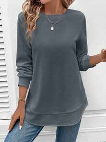 Spring Collection Women's Checked Knitted Rounded-Edge Lightweight Long-Sleeved Top, Round-Neck Relaxed Style Casual Shirt, Casual Sporty Style Daily Commuting Casual Wear, Street Fashion Light Sportswear, Multi-Color Knitted Pullover Available For Spring And Summer Seasons - Xám - Xem 4