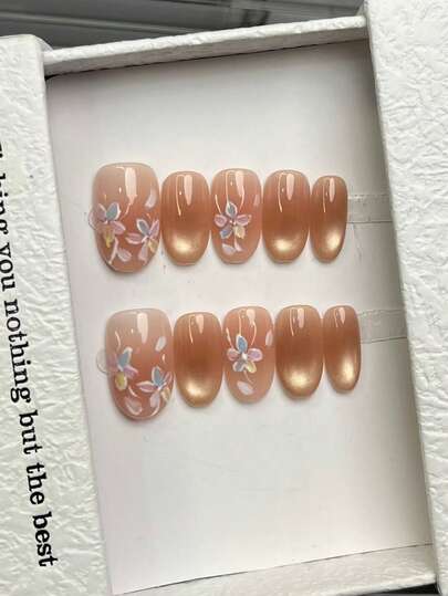 10pcs Handmade Oval Acrylic Nail Art Stickers, Minimalist Pink Ombre, Shimmery Cat Eye, Simple Floral Painting, Elegant Luxury Handcrafted Autumn Nail Decals, Cute Aesthetic, Multi-Functional DIY False Nails, Suitable For Party, Daily, Date, Beach, Tropical Vacation, Gift For Women And Girls
