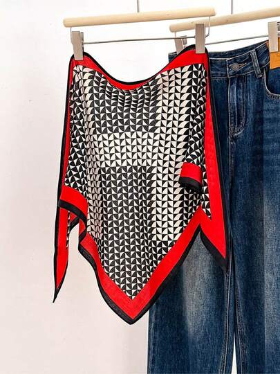 1 pieza Pañuelo triangular con borde geométrico negro, blanco y rojo, pañuelo/chal multifuncional para mujer, adecuado para viajes, vacaciones, uso casual, ir al trabajo, decoración de cuello, decoración de bolsos de moda, playa, días festivos