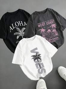 Bộ 3 áo thun nữ mùa hè họa tiết mới cây cọ in chữ, cổ tròn, tay ngắn, kiểu dáng rộng rãi, đa năng, thời trang mặc hàng ngày. - Trắng + Xám đậm + Đen - Xem 10