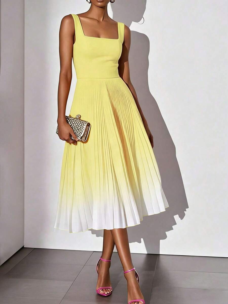 Solid Color Casual Elegant Sleeveless Zipper Ombre Pleated Dress, Cocktail Dress Summer Yellow - Yellow - View 1