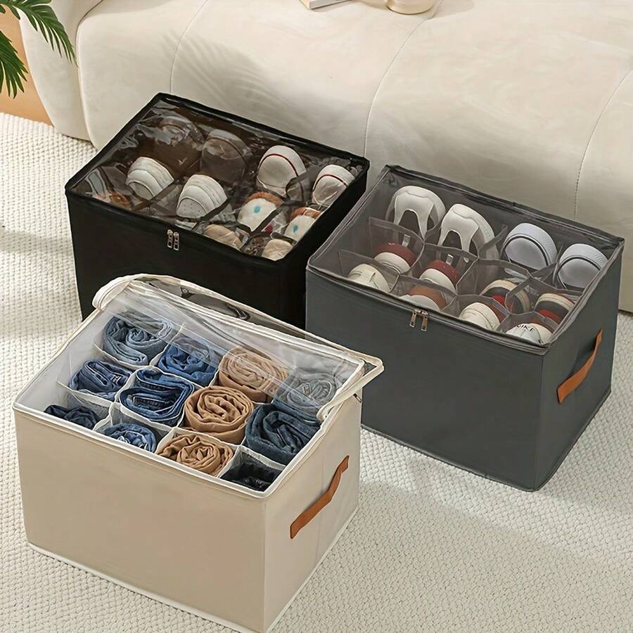 Foldable Fabric Shoe Storage Box, Holds Up To 12 Pairs, Large Capacity Covered Shoe Organizer, Suitable For Wardrobe, Transparent Lid For Dust-Proof And Moisture-Proof, Washable Multi-Purpose Shoe Box For Home, School, Dorm