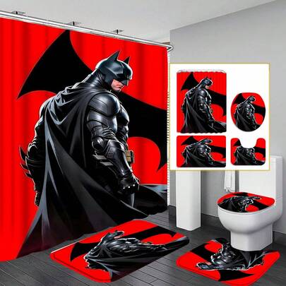 四件套浴室用品，包括装甲蝙蝠侠墙饰、多尺寸浴垫和马桶盖，是男士休息室、宿舍、客用浴室的理想之选，也是送给蝙蝠侠粉丝和黑暗骑士爱好者的完美生日或圣诞礼物。