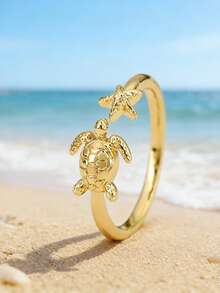 1 chiếc nhẫn hở hình rùa biển và sao biển có thể điều chỉnh kích thước, trang sức phong cách tự nhiên chủ đề đại dương, thích hợp cho kỳ nghỉ hè, quà tặng cho nữ (không kèm hộp quà) - Vàng - Xem 3