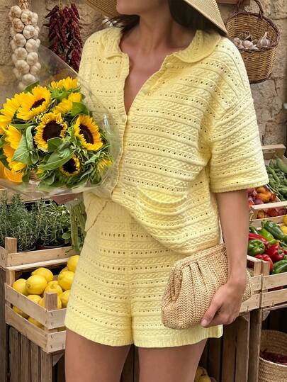 กางเกงขาสั้นโครเชต์สีเหลืองมะนาวสำหรับผู้หญิง | กางเกงขาสั้นถักเอวสูงลำลองพร้อมกระเป๋า เหมาะสำหรับใส่ในชีวิตประจำวันและวันหยุด