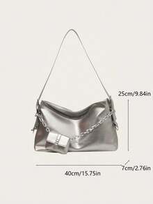 Unique Solid Color Shoulder Bag, Women's Large Capacity Multi-Function Fashion Handbag, Business Trip Travel Portable Quick-Lock Bucket Bag - Silver - View 5