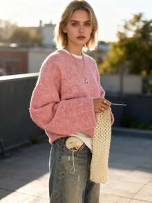 VIBEWAVE Heather Gray Vintage American Style Crew Neck Sweater, Cozy Knit Pullover For Autumn/Winter - Pink - View 3